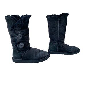 UGG AUSTRALIA Bailey Button Boots Womens 7 38 Black Suede High Boot Shearling